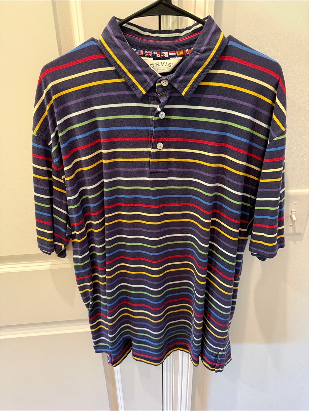 Orvis Navy Polo with Red, Yellow, Light Green, Light Blue & Purple Stripes